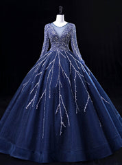 Navy Blue Tulle Beading Long Sleeve Quinceanera Dress