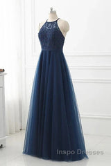 Navy Blue Tulle With Lace Applique Long Party Dress Evening Prom Dress Sleeveless Elegant