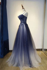 Navy Gradient A Line Tulle Long Formal Evening Prom Dress