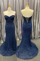 Mint Green Lace Strapless Mermaid  Long Evening Prom Dress with Slit