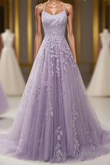 Light Purple Lace Applique A Line Spaghetti Straps Evening Prom Dress Evening Prom Gown