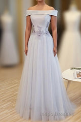 Gray A Line Off Shoulder Floor Length Evening Prom Dress, Lace Evening Prom Dress