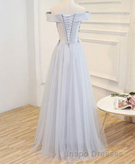 Gray A Line Off Shoulder Floor Length Evening Prom Dress, Lace Evening Prom Dress