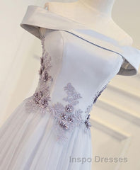 Gray A Line Off Shoulder Floor Length Evening Prom Dress, Lace Evening Prom Dress