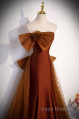 Noble And Unique Chocolate Sleeveless Evening Prom Dress Chocolate Mermaid Strapless Tulle Butterfly Knot Dew Back Strap Long And Floor Evening Dress