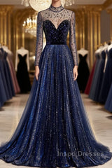 Noble Navy Blue Perspective High Neck Long Sleeved Water Diamond Sequin Ball Dress Navy Blue A-Line Princess Sparkling Backless Tulle Sweeping Tail Ruffle Edge Evening Dress
