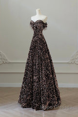 Off Shoulder A-Line Coffee Gold Sequin Long Evening Prom Dress, Coffee Gold Evening Dress