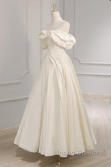 Off Shoulder A-Line Satin Beige Long Evening Prom Dress, Beige Long Formal Dress