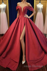 Off Shoulder Burgundy Satin Long Evening Prom Dress, V Neck Burgundy Formal Evening Dress, Burgundy Ball Gown