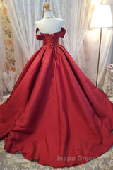 Off Shoulder Burgundy Satin Long Evening Prom Dress, V Neck Burgundy Formal Evening Dress, Burgundy Ball Gown
