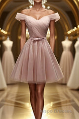 Off Shoulder Dusty Pink Tulle Short Evening Prom Homecoming Dress, Short Pink Formal Graduation Evening Dress