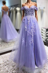Off Shoulder Lavender Lace Long Evening Prom Dress, Lilac Lace Formal Dress, Purple Evening Prom Dress