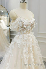 Off Shoulder Light Champagne Tulle Lace Long Evening Prom Dress, Light Champagne Lace Formal Evening Dress