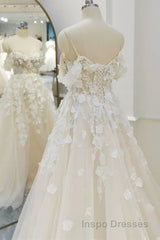 Off Shoulder Light Champagne Tulle Lace Long Evening Prom Dress, Light Champagne Lace Formal Evening Dress