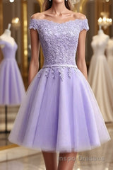 Off Shoulder Purple Lace Short Evening Prom Dress, Lilac Lace Homecoming Dress, Short Purple Formal Evening Dress