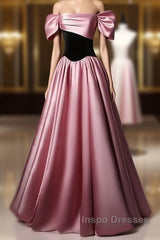 Off Shoulder Satin Scoop A-Line Long Party Dress Evening Prom Dress Evening Dress