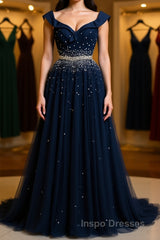 Off Shoulder Sequins Dark Blue Long Evening Prom Dress, Dark Blue Formal Dress, Off Shoulder Evening Dress