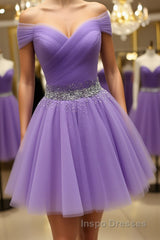 Off Shoulder Sequins Purple Short Evening Prom Dress, Off the Shoulder Purple Homecoming Dress, Short Purple Formal Evening Dress