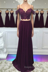 Off Shoulder Two Pieces Purple Lace Long Evening Prom Dress, 2 Pieces Purple Formal Dress, Purple Lace Evening Dress