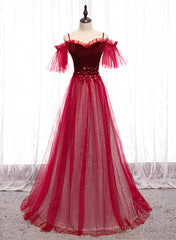 Off Shoulder Wine Red Velvet and Tulle Party Dress, A-line Tulle Floor Length Prom Dress