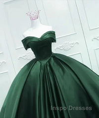 Off The Shoulder Ball Gown Dark Green Satin Quinceanera Dress Princess Dress Evening Prom Dress