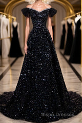 Off the Shoulder Black Sequin Evening Prom Dress, Black Long Formal Evening Dress