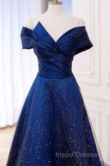 Off the Shoulder Blue Long Evening Prom Dress, Off Shoulder Long Formal Evening Dress