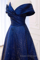 Off the Shoulder Blue Long Evening Prom Dress, Off Shoulder Long Formal Evening Dress