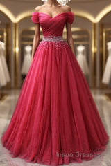 Off the Shoulder Burgundy Evening Prom Dress with Beaded Belt, Wine Red Long Formal Evening Dress