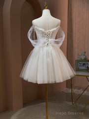Off the Shoulder Champagne Tulle Prom Dress, Short Formal Homecoming Dress