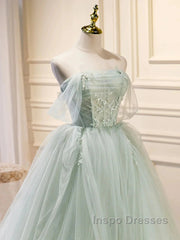 Off The Shoulder Green Tulle Long Evening Prom Dress, Green Long Formal Evening Dress