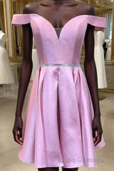 Off the Shoulder Pink Satin Short Evening Prom Homecoming Dress with Belt, Off Shoulder Pink Formal Graduation Evening Dress