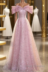 Off The Shoulder Pink Sequin Sparkle Evening Prom Dress