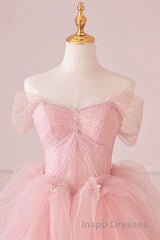 Off the Shoulder Pink Tulle Evening Prom Dress, Pink Tulle Long Formal Graduation Dress