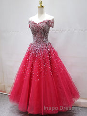 Off the Shoulder Red Long Evening Prom Gown, Off the Shoulder Red Beaded Formal Evening Dress
