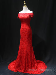 Off the Shoulder Red Mermaid Lace Evening Prom Dress, Red Mermaid Lace Formal Bridesmaid Dress