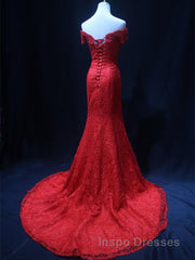 Off the Shoulder Red Mermaid Lace Evening Prom Dress, Red Mermaid Lace Formal Bridesmaid Dress