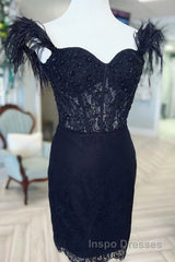 Off the Shoulder Short Black Lace Evening Prom Dress, Short Black Lace Formal Homecoming Dress