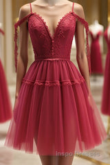 Off the Shoulder Short Burgundy Lace Evening Prom Dress, Wine Red Short Lace Formal Graduation Dress