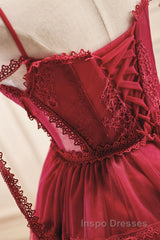 Off the Shoulder Short Burgundy Lace Evening Prom Dress, Wine Red Short Lace Formal Graduation Dress