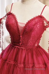 Off the Shoulder Short Burgundy Lace Evening Prom Dress, Wine Red Short Lace Formal Graduation Dress