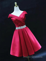 Off the Shoulder Short Burgundy Evening Prom Dress, Short Wine Red Formal Graduation Homecoming Dress