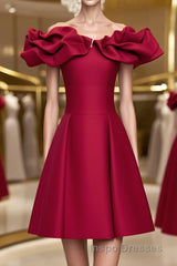 Off the Shoulder Short Burgundy Evening Prom Dress, Short Wine Red Graduation Homecoming Dress