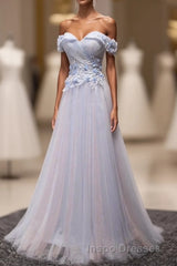 Light Blue Tulle Lace Long Evening Prom Dress, Lace Evening Prom Dress