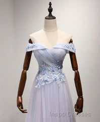 Light Blue Tulle Lace Long Evening Prom Dress, Lace Evening Prom Dress