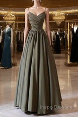 Olive Green Spaghetti Strap Satin Long Evening Prom Dress, A-Line V Neck Party Dress