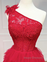 One Shoulder A-Line Tulle Burgundy Long Evening Prom Dress, Burgundy Graduation Dress
