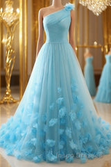 One Shoulder Blue 3D Flowers Long Evening Prom Dress, Blue Floral Formal Evening Dress