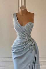 One shoulder blue Evening Prom dress in mermaid pleats