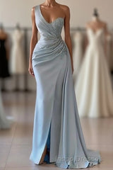 One shoulder blue Evening Prom dress in mermaid pleats